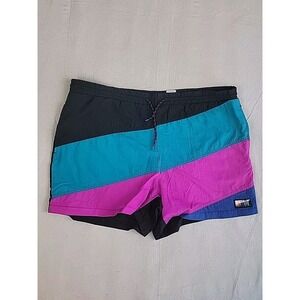 Voit Swim Trunks Mens L Black Teal Magenta Colorblock Vintage 90s Nylon Shorts